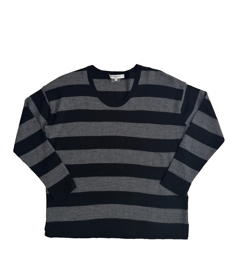 Gerard Darel Sweater M Black Gray Stripe Merino Wool Scoop Neck 3/4 Sleeves